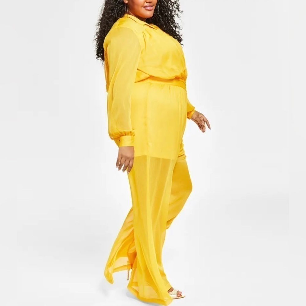 Nina Parker Womens Yellow Wide Leg Long Sleeve Button-Front Jumpsuit Plus Size - Picture 2 of 5